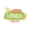 Granola organic nature food logotype. Handwritten granola word on green background and orange wording with oat spikes.