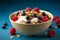 granola and yogurt with cereal, berries mixed with berries in bowl