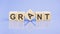 GRANT - word is written on wooden cubes on a blue background. close-up of wooden elements
