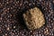 Granulated coffee and coffee beans top view