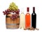Grape, barrel, corks, corkscrew, bottles of wine