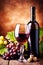 grape beverage alcohol wine food drink glass bottle background winery leaf. Generative AI.