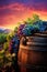 Grape Bunches on the Vine. wine barrel. vibrant sunset.