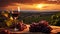 Grape field at sunset, bunches of grapes and glasses of red wine