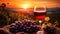 Grape field at sunset, bunches of grapes and glasses of red wine