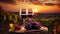 Grape field at sunset, bunches of grapes and glasses of red wine