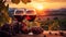 Grape field at sunset, bunches of grapes and glasses of red wine