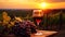 Grape field at sunset, bunches of grapes and glasses of red wine