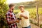 Grape harvest-smiling father and son working at vineyard
