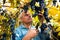 Grape harvest in the vineyard. A man removes clusters of black Isabella grapes from a vine