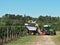 A grape harvester machine pulled by a tractor at the end of a rows of vineyards during the harvest