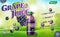 Grape juice bottle with sunny background on green grass. Juice container package ad. 3d realistic grape Vector