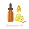 Grape seed oil in amber bottle with dropper, half grape berry, seeds and drop of oil