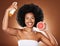 Grapefruit, black woman and afro hair spray, beauty and serum in hair care maintenance, aesthetic wellness or natural