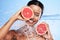 Grapefruit, black woman and water splash, vitamin c beauty and skincare wellness, healthy body and aesthetics, natural