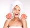 Grapefruit, skincare and portrait of woman in studio for beauty, cosmetics and vitamin c promotion, marketing or