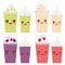 Grapes Apple Raspberry Take-out smoothie transparent plastic cup with straw and whipped cream. Kawaii cute face with eyes and
