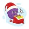 Grapes character in the role of Santa Claus gives gifts.