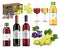 Grapes drinks set collection with wine, juice and tea Vector realistic. Product packaging mock up. Label design detailed