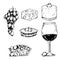 Grapes ink drawings set. Food made from grapes: wine, cake, pie, bowl of grapes illustration. Textured sketchy monochrome style. A