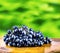 Grapes on a old wooden table. Bunch of blue grapes lying on a wooden board with a garden green