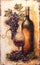 Grapes on a vine wine bottle and glass vintage decorative wall Encaustic style art. Generative AI