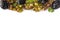 Grapes on white background. Ripe grape, plums and mint leaves at border of image with copy space for text. Top view. Various fresh