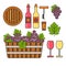 Grapes and wine, winemaking and winery, barrel and bottle isolated icons