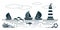 Graphc sea background with ships, sailing boats, lighthouse, shark, fish, dolphins, anchor and algae. Flat style vector elements