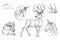 Graphic animal boho illustration - black and white isolated set of unicorns, swallow, deer & wolpertinger hare