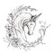Graphic animal floral boho illustration - black and white unicorn with flower and leaf elements