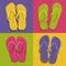 Graphic background with four pairs of flip flops of different colors