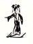 Graphic black and white drawing dancing japanese doll