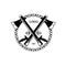 Graphic black and white logo with indian axes and circle ornament.