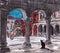 Graphic colour image travel sketch night square in Verona Italy with a cat silhouette in an arched loggia