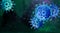 Graphic Coronavirus pandemic background art in blue with electric green glow
