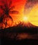 Graphic design collage with palm trees and volcano in the background in sunset atmosphere.