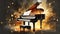 graphic design of grand piano on an abstract black background with golden lights