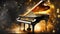 graphic design of grand piano on an abstract black background with golden lights