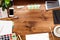 Graphic design modern creative design workplace brown wooden table