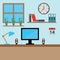 Graphic design profession workdesk with monitor books lamp pc illustration. Interior of Working place