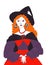 Graphic drawing of a red-haired witch in a red and purple dress and wide-brimmed black hat