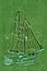 Graphic drawing yacht sailboat on a green background