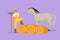 Graphic flat design draw rancher working in farmyard. Male farmer feeding horse with hay. Livestock technician working with