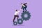 Graphic flat design draw two young businessmen helping each other to go up to pile of cogs. Teamwork people trust assistance.