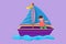 Graphic flat design drawing adorable little boy in sailboat at beach. Happy kids sailing boat at small lake. Children on boat at