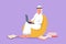 Graphic flat design drawing Arab businessman or designer or programmer or freelancer sitting on comfy couch while typing on laptop