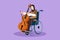 Graphic flat design drawing Arab woman sitting in wheelchair plays cello in concert. Disability, classical music. Physically