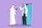 Graphic flat design drawing Arabian male patient holding smartphone standing facing giant smartphone and consulting male doctor.