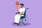 Graphic flat design drawing Arabian man in wheelchair play at basketball court. Disabled person spins basketball on his finger.